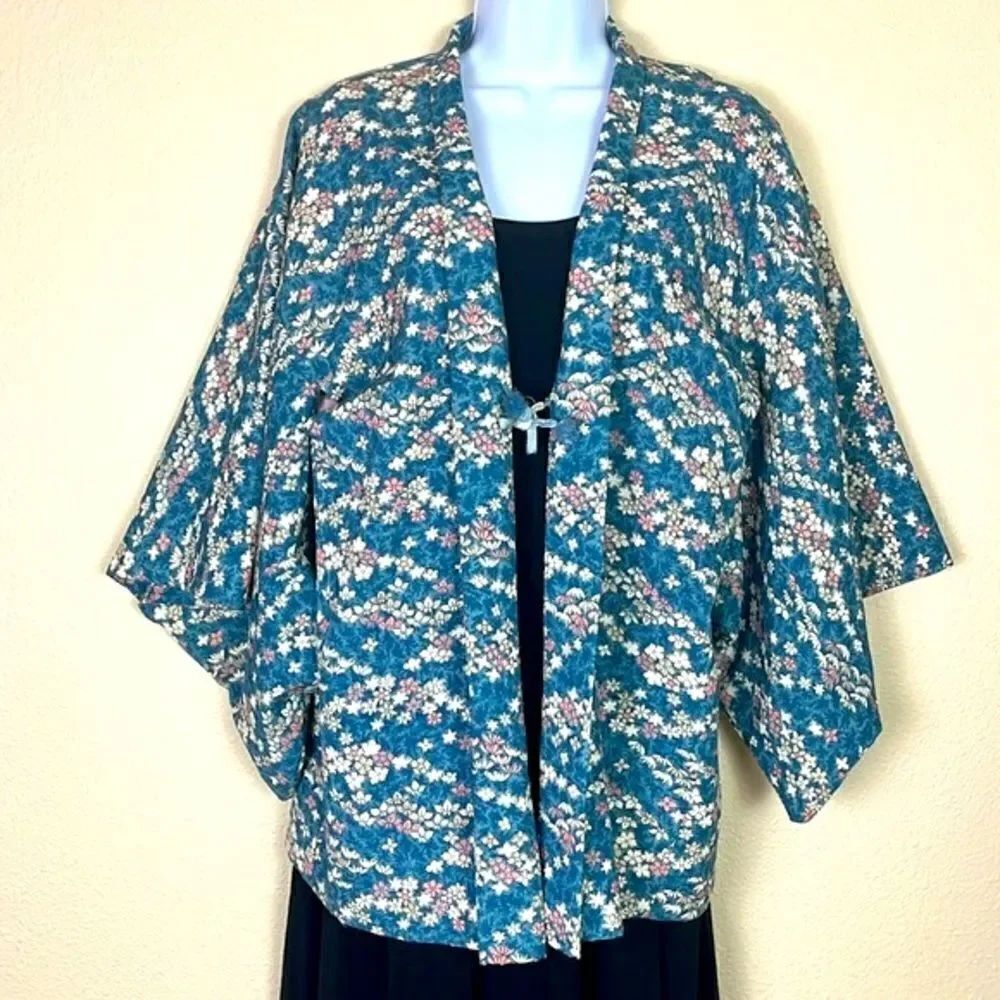 Authentic Kimono Japanese handmade cotton silk blue floral size small/medium